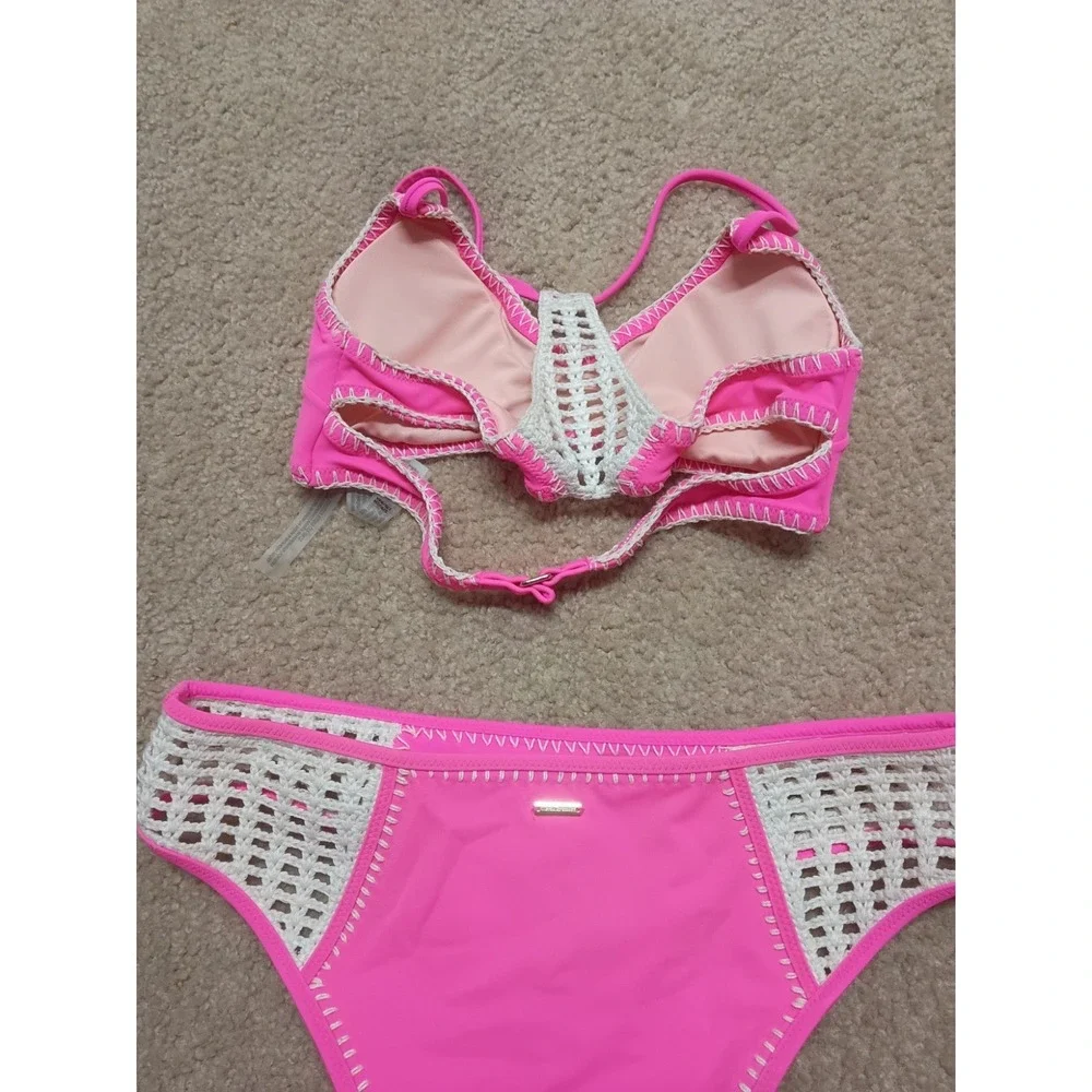 Victoria's Secret Swim Kiawah Crochet Bikini Swimsuit Set Small Pink Crochet - Picture 3 of 6